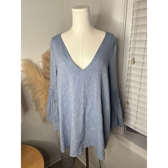 Free People Chambray Flare Sleeve Mini Dress Romper Womens XS Deep V Playsuit - Picture 4 of 10